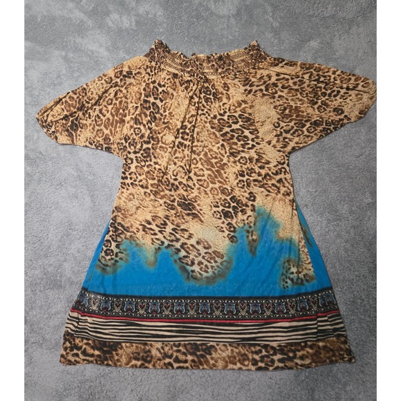 ShuShu Leopard Animal Print Boho Top Size L Smocked Neckline Tribal Border FLAWS - Picture 2 of 11